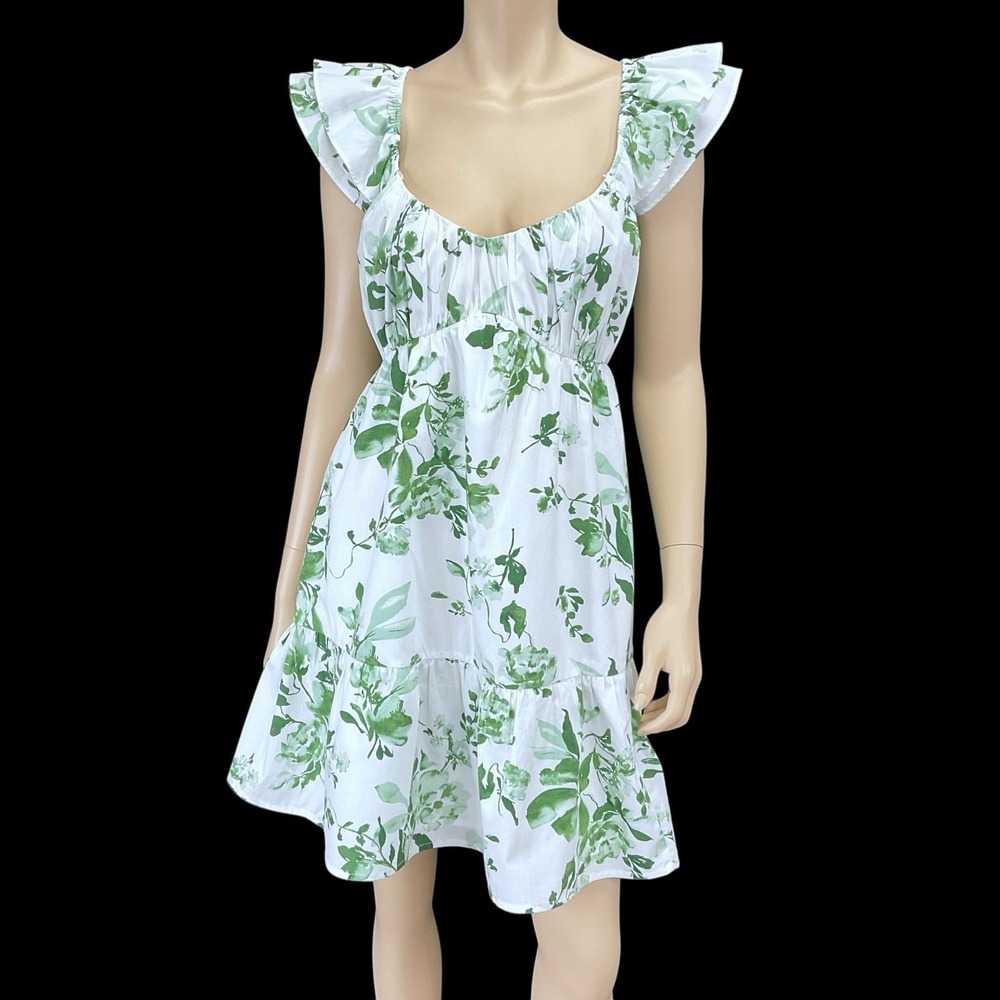 Abercrombie & Fitch Dress Women‎ XLT White Green Floral Summer Ruffle Tiered EUC